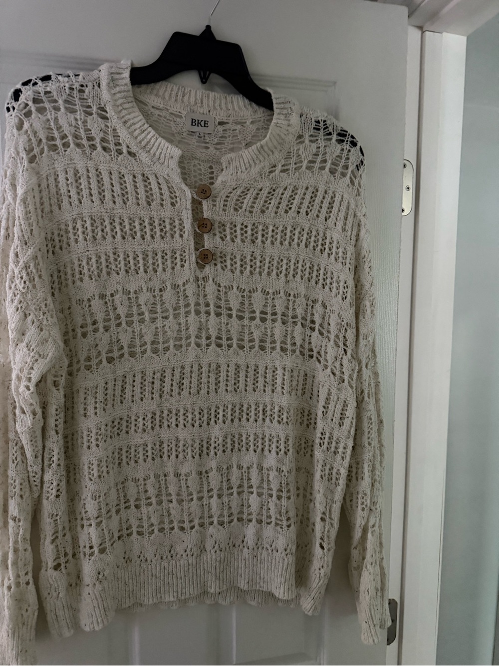 BKE Cream Open-Weave Henley Button Pullover Sweater